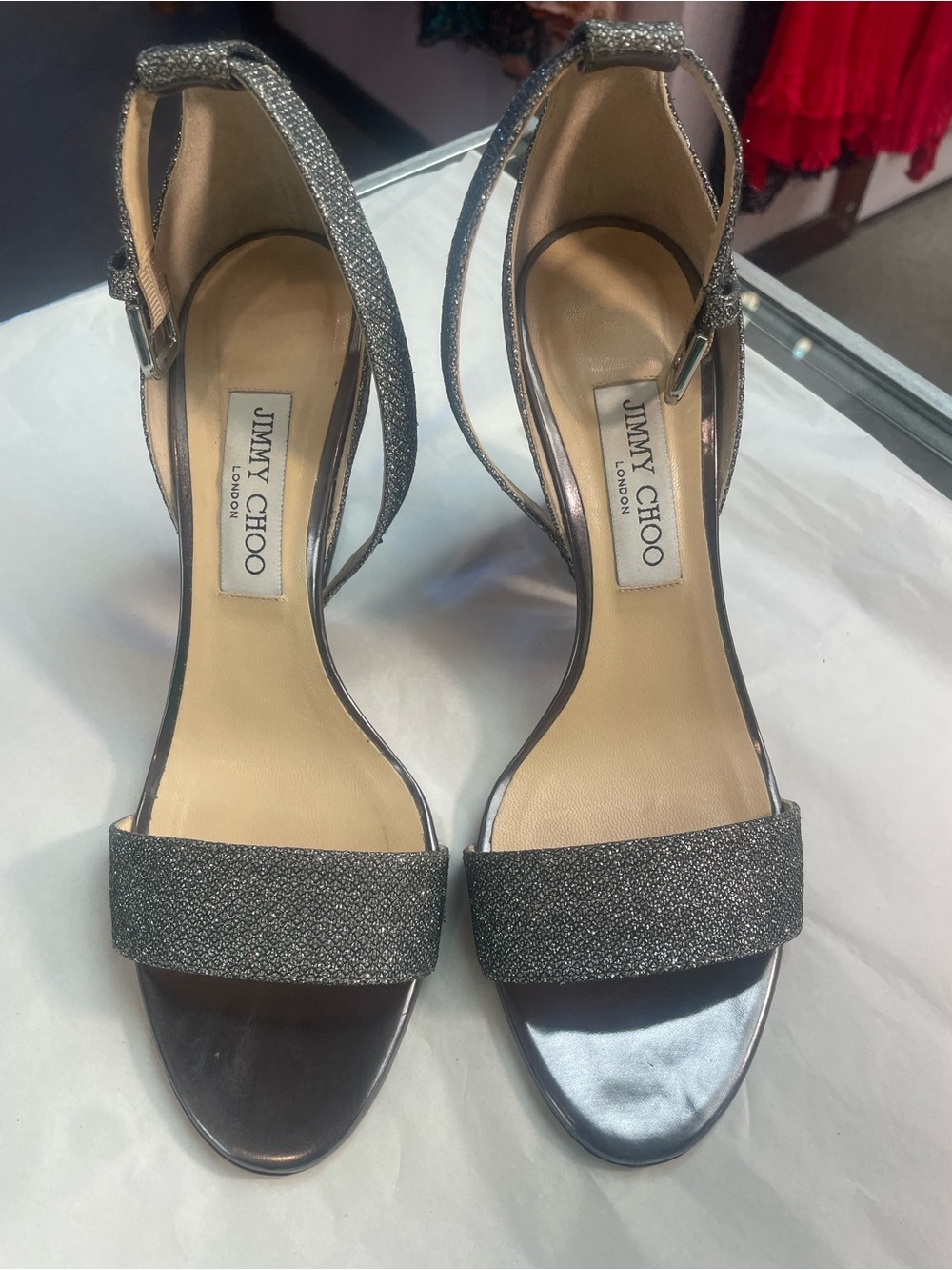 Jimmy Choo Silver Glitter Open-Toe Ankle-Strap Heels